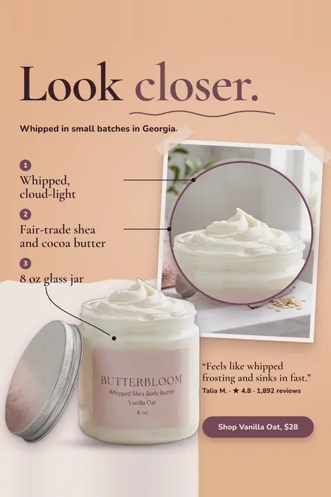 Peach background Butterbloom ad: 'Look closer.' beside a zoomed circle of whipped body butter, with three labeled callouts, an open 8 oz jar, a quote from Talia M. with 4.8 stars from 1,892 reviews, and a 'Shop Vanilla Oat, $28' button. Shown here in the 2:3 Pinterest size.