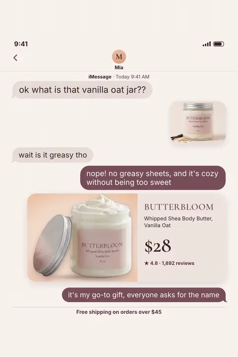 Blush pink iMessage-style Butterbloom ad: 'ok what is that vanilla oat jar??' in a text chat with a jar photo, a reply about no greasy sheets, a product card showing $28 and 4.8 from 1,892 reviews, and free shipping over $45. Shown here in the 2:3 Pinterest size.