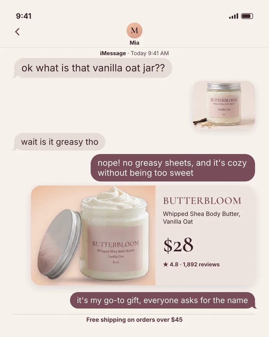 Blush pink iMessage-style Butterbloom ad: 'ok what is that vanilla oat jar??' in a text chat with a jar photo, a reply about no greasy sheets, a product card showing $28 and 4.8 from 1,892 reviews, and free shipping over $45.