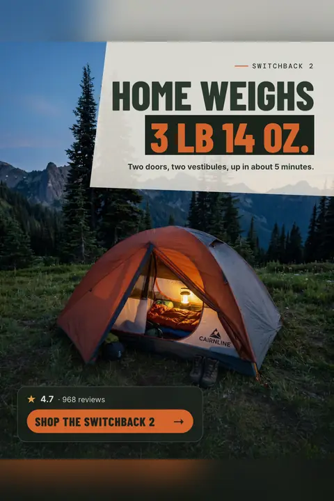 Dusky mountain photo with a cream panel. Cairnline Outfitters ad: 'HOME WEIGHS 3 LB 14 OZ.' above the line 'Two doors, two vestibules, up in about 5 minutes.', a lit orange tent in a meadow, 4.7 from 968 reviews and a 'Shop the Switchback 2' button. Shown here in the 2:3 Pinterest size.