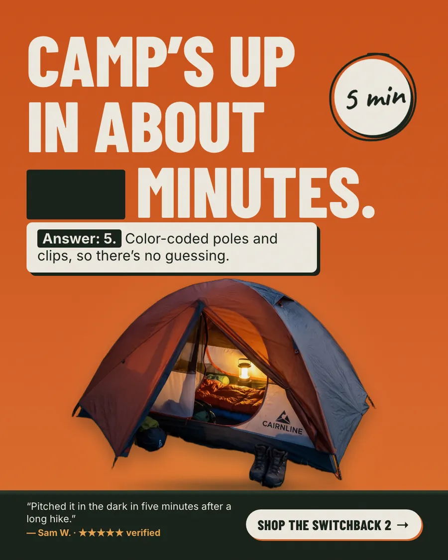Burnt orange Cairnline Outfitters ad: 'Camp's up in about ____ minutes.' with a blank in the headline, a '5 min' circle stamp, an answer box reading 'Answer: 5.', a lit tent photo with boots outside, a review quote and a 'Shop the Switchback 2' button.