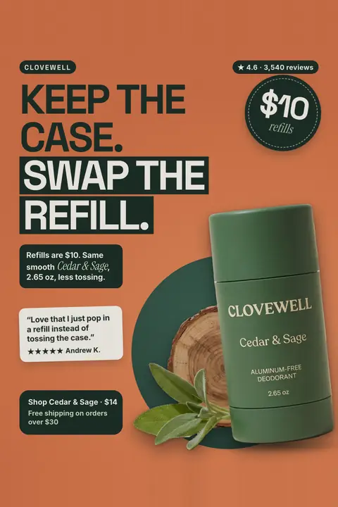 Orange Clovewell ad: 'Keep the case. Swap the refill.' with a dark green '$10 refills' badge, 4.6 from 3,540 reviews, a quote from Andrew K., a green Cedar & Sage deodorant stick on a wood slice with sage leaves, and a $14 shop line. Shown here in the 2:3 Pinterest size.