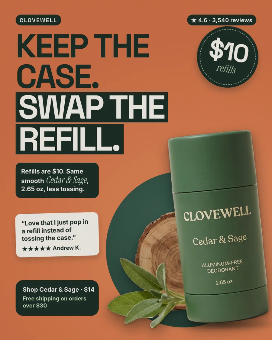 Orange Clovewell ad: 'Keep the case. Swap the refill.' with a dark green '$10 refills' badge, 4.6 from 3,540 reviews, a quote from Andrew K., a green Cedar & Sage deodorant stick on a wood slice with sage leaves, and a $14 shop line.