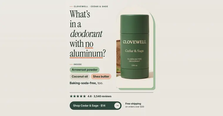 Cream Clovewell ad: 'What's in a deodorant with no aluminum?' beside a green Cedar & Sage deodorant stick in an arched photo. Ingredient tags, 4.6 stars from 3,540 reviews, a 'Shop Cedar & Sage · $14' button and a free shipping note. The 1.91:1 version.