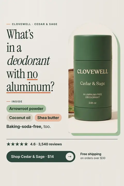Cream Clovewell ad: 'What's in a deodorant with no aluminum?' beside a green Cedar & Sage deodorant stick in an arched photo. Ingredient tags, 4.6 stars from 3,540 reviews, a 'Shop Cedar & Sage · $14' button and a free shipping note. Shown here in the 2:3 Pinterest size.