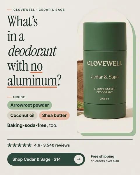 Cream Clovewell ad: 'What's in a deodorant with no aluminum?' beside a green Cedar & Sage deodorant stick in an arched photo. Ingredient tags, 4.6 stars from 3,540 reviews, a 'Shop Cedar & Sage · $14' button and a free shipping note. The 4:5 version.