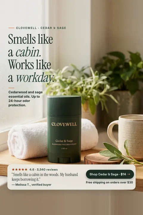 Soft beige and green Clovewell ad: 'Smells like a cabin. Works like a workday.' beside a dark green Cedar & Sage deodorant stick on a wood shelf with a towel, sage and a mug, a 4.6 star review quote, and a 'Shop Cedar & Sage · $14' button. Shown here in the 2:3 Pinterest size.