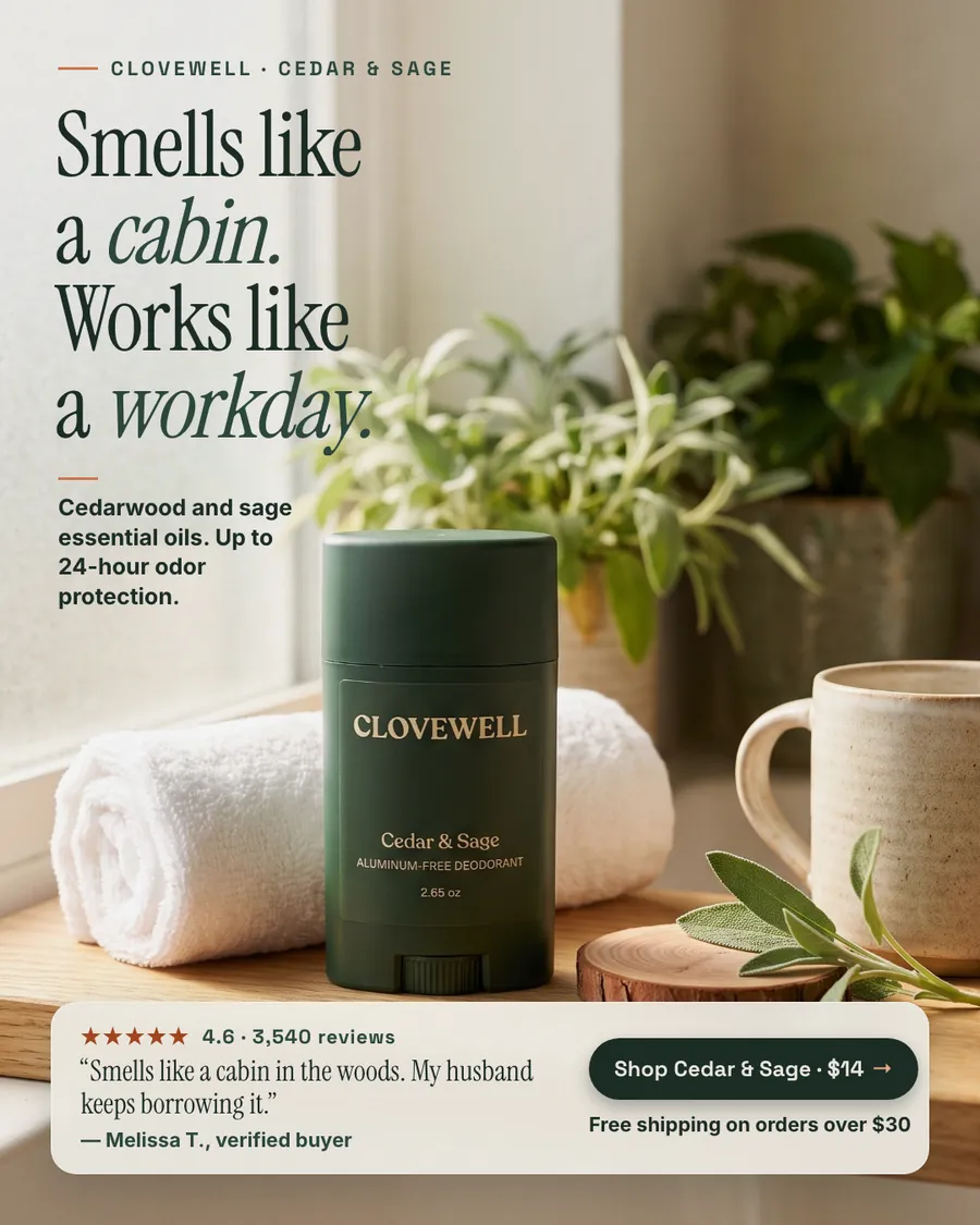 Soft beige and green Clovewell ad: 'Smells like a cabin. Works like a workday.' beside a dark green Cedar & Sage deodorant stick on a wood shelf with a towel, sage and a mug, a 4.6 star review quote, and a 'Shop Cedar & Sage · $14' button.