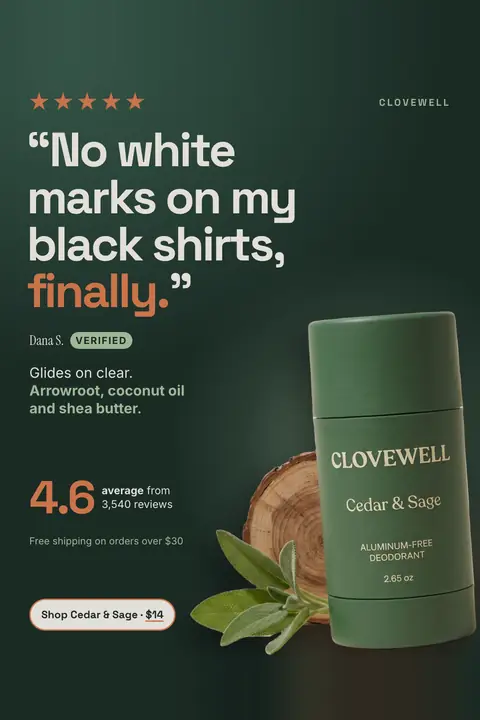 Dark green Clovewell ad: '“No white marks on my black shirts, finally.”' with five orange stars, reviewer Dana S. with a Verified tag, 4.6 average from 3,540 reviews, a Cedar & Sage deodorant stick by a wood slice and sage, and a 'Shop Cedar & Sage · $14' button. Shown here in the 2:3 Pinterest size.