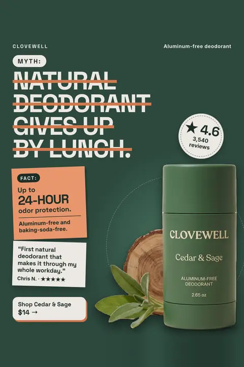 Dark green Clovewell ad: 'MYTH: Natural deodorant gives up by lunch.' with the myth struck through in orange. An orange note says up to 24-hour odor protection, a review quote, 4.6 from 3,540 reviews, a Cedar & Sage stick and a $14 button. Shown here in the 2:3 Pinterest size.