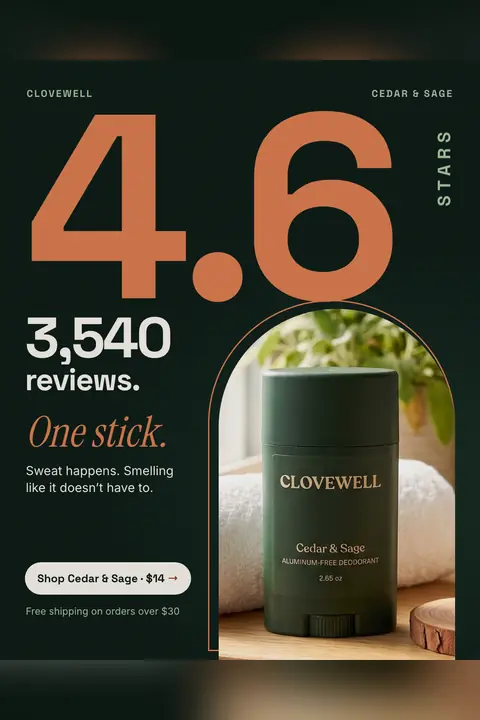 Dark green Clovewell ad: '4.6 stars. 3,540 reviews. One stick.' with a huge orange 4.6, the count below it, and a green Cedar & Sage deodorant stick in an arched photo on a towel. A 'Shop Cedar & Sage · $14' button and a free shipping note sit at the bottom. Shown here in the 2:3 Pinterest size.