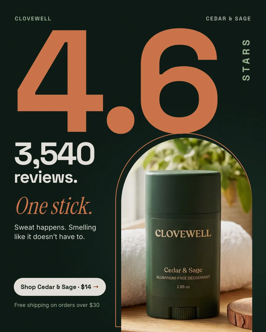 Dark green Clovewell ad: '4.6 stars. 3,540 reviews. One stick.' with a huge orange 4.6, the count below it, and a green Cedar & Sage deodorant stick in an arched photo on a towel. A 'Shop Cedar & Sage · $14' button and a free shipping note sit at the bottom.