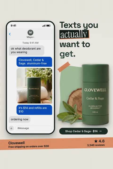 Light beige Clovewell ad: 'Texts you actually want to get.' beside an iMessage chat where Maya asks about deodorant, a reply names Cedar & Sage at $14 with refills $10, and a green stick photo with a 'Shop Cedar & Sage · $14' button. Shown here in the 2:3 Pinterest size.