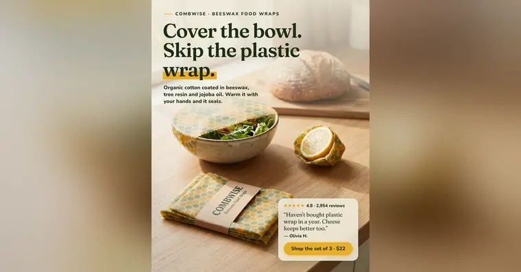Warm kitchen photo Combwise ad: 'Cover the bowl. Skip the plastic wrap.' A honeycomb-print wrap covers a salad bowl, a lemon half is wrapped nearby, and a folded set sits on the counter. A review card shows 4.8 from 2,954 reviews and a 'Shop the set of 3 · $22' button. The 1.91:1 version.