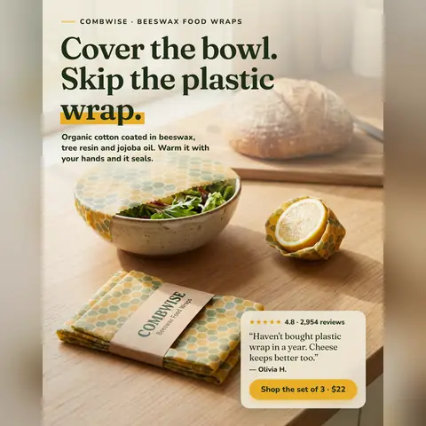 Warm kitchen photo Combwise ad: 'Cover the bowl. Skip the plastic wrap.' A honeycomb-print wrap covers a salad bowl, a lemon half is wrapped nearby, and a folded set sits on the counter. A review card shows 4.8 from 2,954 reviews and a 'Shop the set of 3 · $22' button. The 1:1 version.