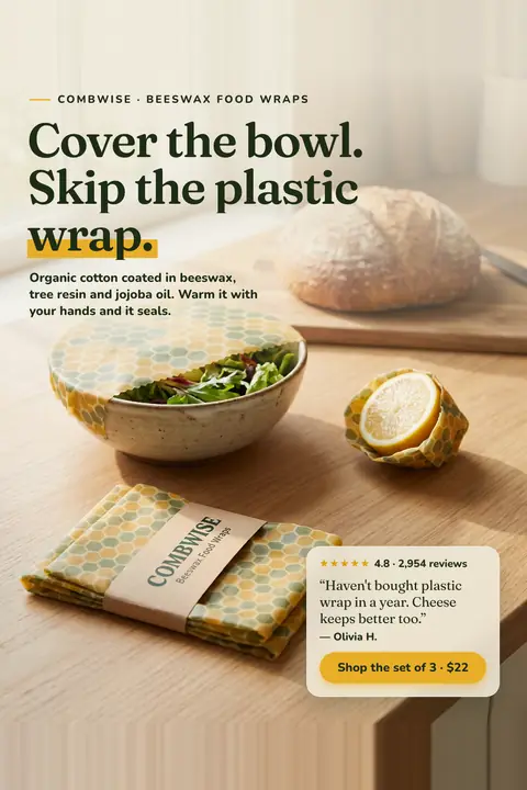 Warm kitchen photo Combwise ad: 'Cover the bowl. Skip the plastic wrap.' A honeycomb-print wrap covers a salad bowl, a lemon half is wrapped nearby, and a folded set sits on the counter. A review card shows 4.8 from 2,954 reviews and a 'Shop the set of 3 · $22' button. Shown here in the 2:3 Pinterest size.