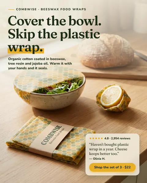 Warm kitchen photo Combwise ad: 'Cover the bowl. Skip the plastic wrap.' A honeycomb-print wrap covers a salad bowl, a lemon half is wrapped nearby, and a folded set sits on the counter. A review card shows 4.8 from 2,954 reviews and a 'Shop the set of 3 · $22' button. The 4:5 version.