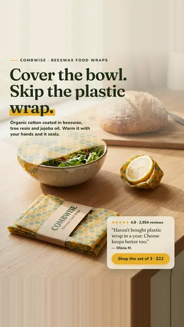 Warm kitchen photo Combwise ad: 'Cover the bowl. Skip the plastic wrap.' A honeycomb-print wrap covers a salad bowl, a lemon half is wrapped nearby, and a folded set sits on the counter. A review card shows 4.8 from 2,954 reviews and a 'Shop the set of 3 · $22' button. The 9:16 version.