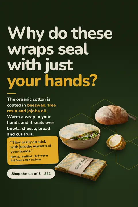 Dark green Combwise ad: 'Why do these wraps seal with just your hands?' with a short note on the beeswax, tree resin and jojoba oil coating, a bowl, bread, lemon and a folded set of wraps, a quote card, and a 'Shop the set of 3 · $22' button. Shown here in the 2:3 Pinterest size.