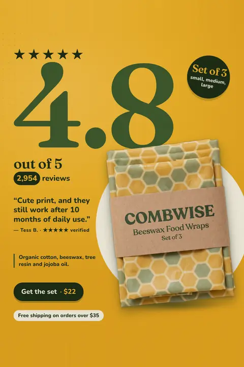 Mustard yellow Combwise ad: '4.8 out of 5. 2,954 reviews.' with a huge dark green 4.8 under five stars, a Set of 3 badge, a customer quote, and a 'Get the set · $22' button beside a photo of honeycomb-print beeswax wraps. Shown here in the 2:3 Pinterest size.