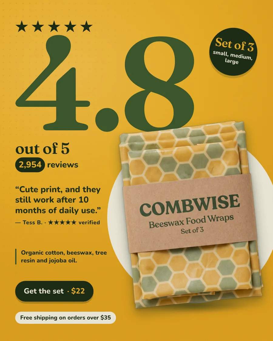 Mustard yellow Combwise ad: '4.8 out of 5. 2,954 reviews.' with a huge dark green 4.8 under five stars, a Set of 3 badge, a customer quote, and a 'Get the set · $22' button beside a photo of honeycomb-print beeswax wraps.