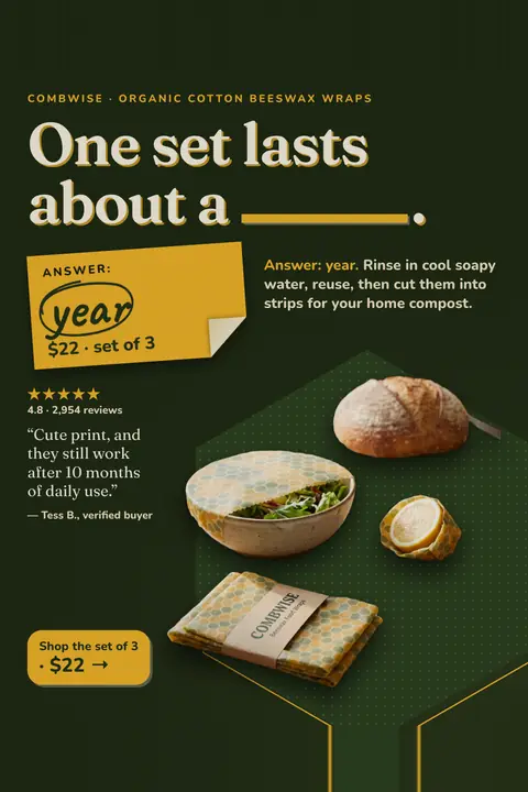 Dark green Combwise ad: 'One set lasts about a ______.' with the blank answered by a yellow sticker reading year, $22 set of 3. A 4.8 star rating from 2,954 reviews, a 10-month quote, wraps on a bowl, bread and lemon, and a 'Shop the set of 3' button. Shown here in the 2:3 Pinterest size.