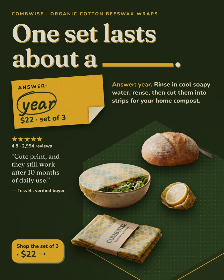 Dark green Combwise ad: 'One set lasts about a ______.' with the blank answered by a yellow sticker reading year, $22 set of 3. A 4.8 star rating from 2,954 reviews, a 10-month quote, wraps on a bowl, bread and lemon, and a 'Shop the set of 3' button.