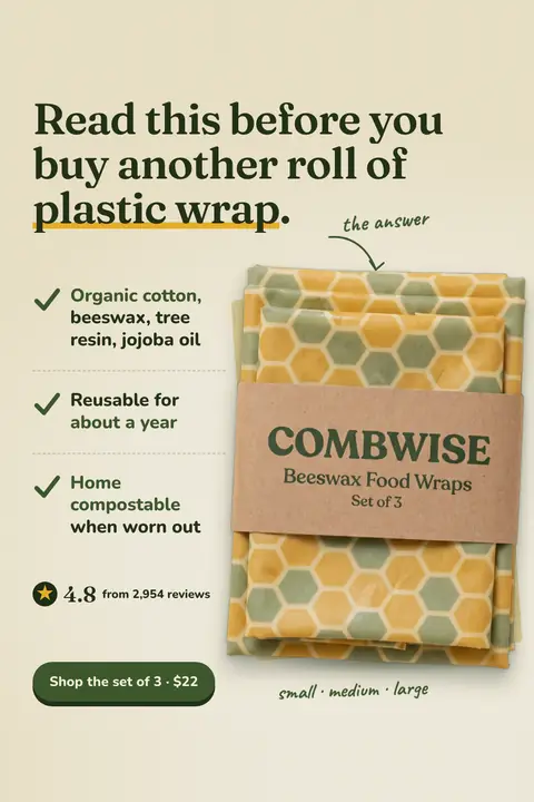 Cream Combwise ad: 'Read this before you buy another roll of plastic wrap.' with a three-item checklist (materials, reusable for about a year, home compostable), 4.8 from 2,954 reviews, a honeycomb wrap set photo and a 'Shop the set of 3 · $22' button. Shown here in the 2:3 Pinterest size.