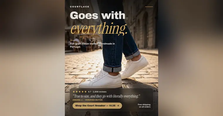 Photo-based Courtlace ad: 'Goes with everything.' over a street scene of a person in cuffed dark jeans and white leather low-top sneakers on cobblestones, with a 4.7 star rating from 2,058 reviews, a customer quote, a 'Shop the Court Sneaker, $135' button and a free shipping note. The 1.91:1 version.