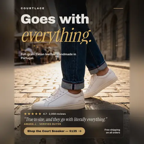 Photo-based Courtlace ad: 'Goes with everything.' over a street scene of a person in cuffed dark jeans and white leather low-top sneakers on cobblestones, with a 4.7 star rating from 2,058 reviews, a customer quote, a 'Shop the Court Sneaker, $135' button and a free shipping note. The 1:1 version.