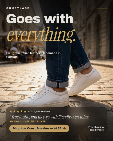 Photo-based Courtlace ad: 'Goes with everything.' over a street scene of a person in cuffed dark jeans and white leather low-top sneakers on cobblestones, with a 4.7 star rating from 2,058 reviews, a customer quote, a 'Shop the Court Sneaker, $135' button and a free shipping note. The 4:5 version.