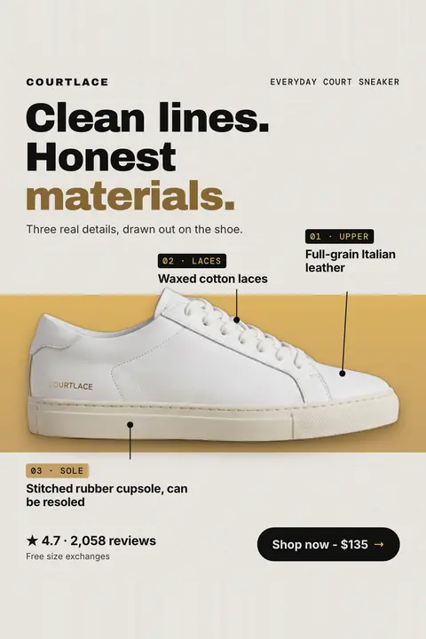 Light grey Courtlace ad: 'Clean lines. Honest materials.' with a white leather sneaker on a gold band, three labeled callouts (upper, laces, sole), 4.7 from 2,058 reviews, and a 'Shop now - $135' button. Shown here in the 2:3 Pinterest size.