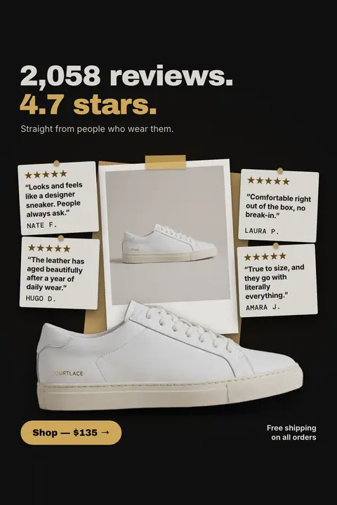 Black Courtlace ad: '2,058 reviews. 4.7 stars.' above four pinned review cards with five stars each, around a framed photo of a white leather sneaker, a large sneaker below, a 'Shop, $135' button and 'Free shipping on all orders'. Shown here in the 2:3 Pinterest size.