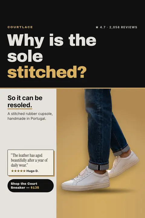 Black and gold Courtlace ad: 'Why is the sole stitched?' with 'stitched?' in gold, answered by 'So it can be resoled.' beside a photo of white sneakers and rolled dark jeans, a short review quote and a 'Shop the Court Sneaker, $135' button. Shown here in the 2:3 Pinterest size.