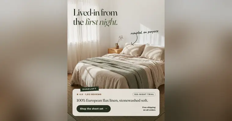 Soft cream Duneloft ad: 'Lived-in from the first night.' over a sunlit bed with rumpled oat linen sheets and a green waffle blanket, a handwritten note 'rumpled, on purpose', 4.8 from 1,513 reviews, and a 'Shop the sheet set' button. The 1.91:1 version.