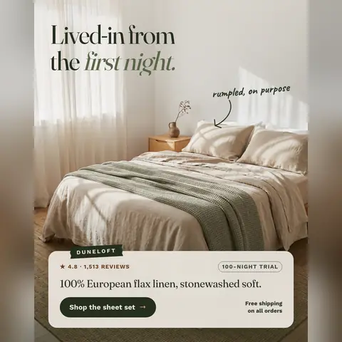 Soft cream Duneloft ad: 'Lived-in from the first night.' over a sunlit bed with rumpled oat linen sheets and a green waffle blanket, a handwritten note 'rumpled, on purpose', 4.8 from 1,513 reviews, and a 'Shop the sheet set' button. The 1:1 version.