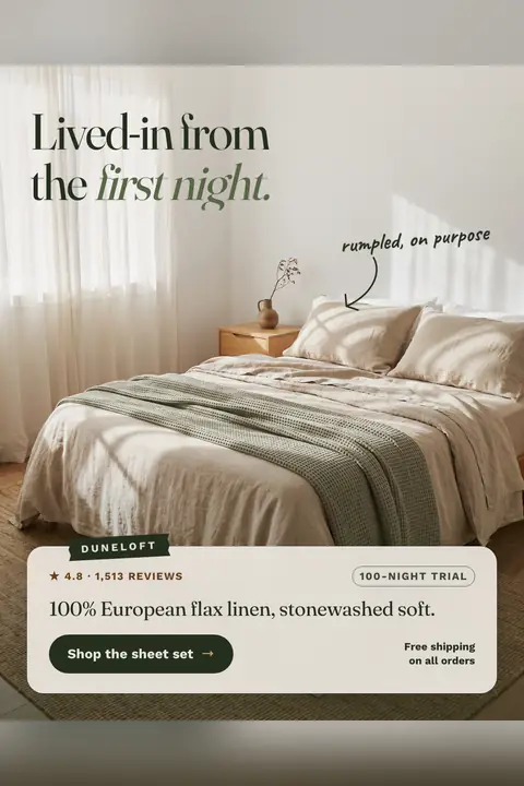 Soft cream Duneloft ad: 'Lived-in from the first night.' over a sunlit bed with rumpled oat linen sheets and a green waffle blanket, a handwritten note 'rumpled, on purpose', 4.8 from 1,513 reviews, and a 'Shop the sheet set' button. Shown here in the 2:3 Pinterest size.