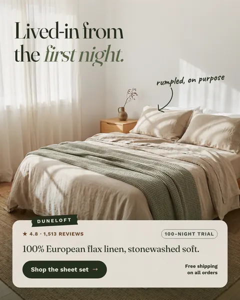 Soft cream Duneloft ad: 'Lived-in from the first night.' over a sunlit bed with rumpled oat linen sheets and a green waffle blanket, a handwritten note 'rumpled, on purpose', 4.8 from 1,513 reviews, and a 'Shop the sheet set' button. The 4:5 version.