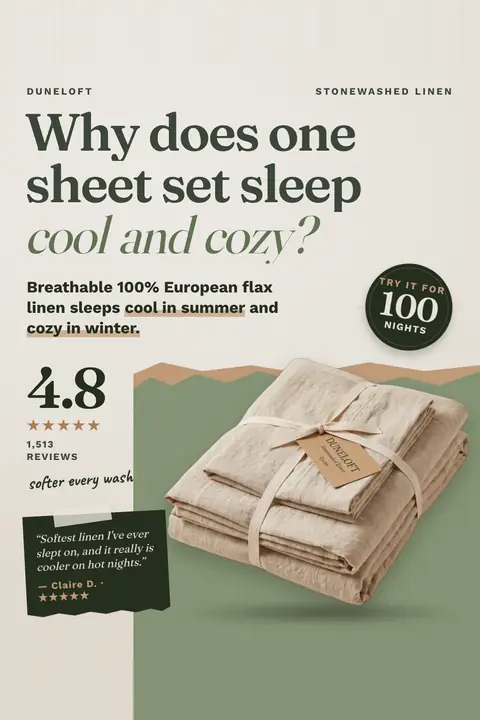 Cream Duneloft ad: 'Why does one sheet set sleep cool and cozy?' above a folded oat linen sheet set tied with a ribbon and tag on a green panel, with 4.8 from 1,513 reviews, a review quote and a 100 nights badge. Shown here in the 2:3 Pinterest size.
