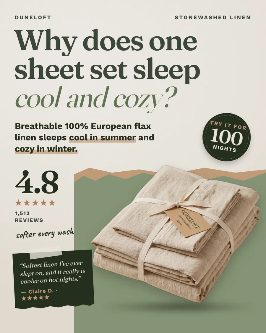 Cream Duneloft ad: 'Why does one sheet set sleep cool and cozy?' above a folded oat linen sheet set tied with a ribbon and tag on a green panel, with 4.8 from 1,513 reviews, a review quote and a 100 nights badge.