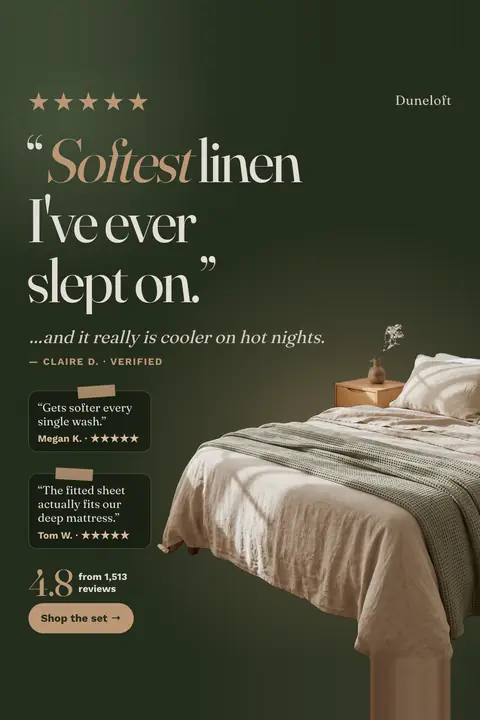 Dark green Duneloft ad: '“Softest linen I've ever slept on.”' with five tan stars, a note from Claire D. that it is cooler on hot nights, two smaller review cards, 4.8 from 1,513 reviews, a 'Shop the set' button and an oat linen bed. Shown here in the 2:3 Pinterest size.
