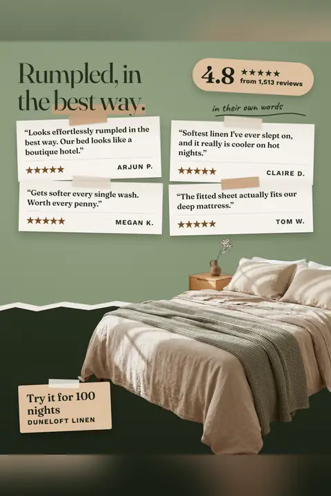 Sage green Duneloft ad: 'Rumpled, in the best way.' with a 4.8 from 1,513 reviews pill, four taped review cards with five stars each, a photo of an oat linen bed with a green waffle blanket, and a 'Try it for 100 nights' tag. Shown here in the 2:3 Pinterest size.