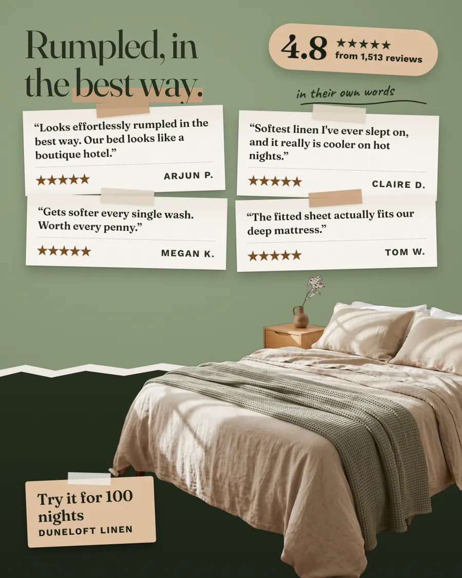 Sage green Duneloft ad: 'Rumpled, in the best way.' with a 4.8 from 1,513 reviews pill, four taped review cards with five stars each, a photo of an oat linen bed with a green waffle blanket, and a 'Try it for 100 nights' tag.