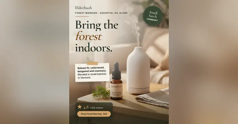 Soft beige living room Elderhush ad: 'Bring the forest indoors.' beside a white ceramic diffuser with steam rising, a Forest Morning oil bottle and a fir sprig on a wooden table, a note listing the scents, a 'Small batch Vermont' badge, 4.8 from 1,328 reviews and a 'Shop Forest Morning · $22' button. The 1.91:1 version.