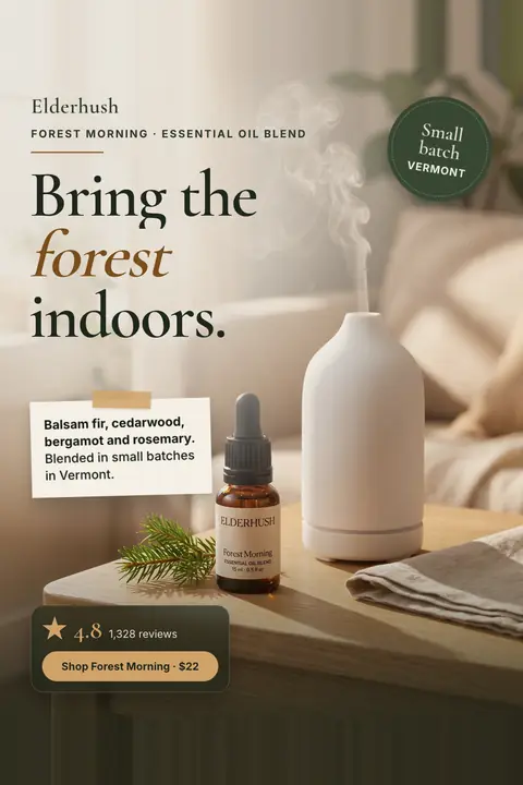 Soft beige living room Elderhush ad: 'Bring the forest indoors.' beside a white ceramic diffuser with steam rising, a Forest Morning oil bottle and a fir sprig on a wooden table, a note listing the scents, a 'Small batch Vermont' badge, 4.8 from 1,328 reviews and a 'Shop Forest Morning · $22' button. Shown here in the 2:3 Pinterest size.