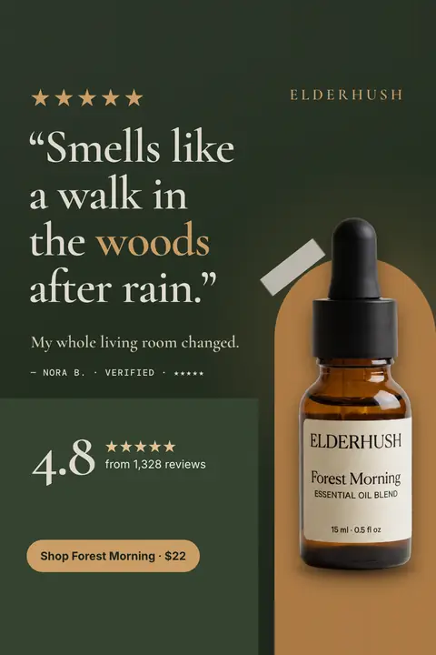 Dark green Elderhush ad: '“Smells like a walk in the woods after rain.”' with five gold stars, a note from Nora B. saying 'My whole living room changed.', 4.8 from 1,328 reviews, a Forest Morning dropper bottle and a 'Shop Forest Morning · $22' button. Shown here in the 2:3 Pinterest size.