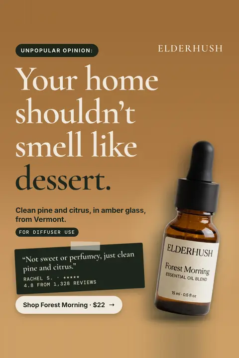 Golden tan Elderhush ad: 'Your home shouldn't smell like dessert.' under an 'Unpopular opinion:' tag, with a Forest Morning dropper bottle, a taped quote card from Rachel S., 4.8 from 1,328 reviews, and a 'Shop Forest Morning · $22' button. Shown here in the 2:3 Pinterest size.