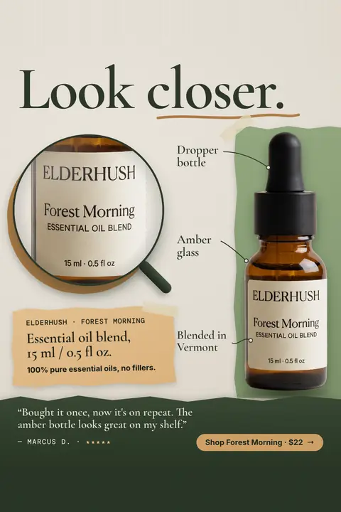Cream and green Elderhush ad: 'Look closer.' with a magnifying glass on the label reading Elderhush, Forest Morning, Essential Oil Blend, 15 ml. An amber dropper bottle has callouts, a note says 100% pure essential oils, a review quote, and a $22 button. Shown here in the 2:3 Pinterest size.