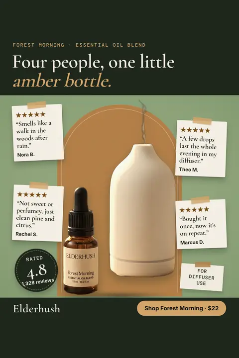 Green and dark green Elderhush ad: 'Four people, one little amber bottle.' with four taped-on note cards of 5-star quotes, an amber Forest Morning dropper bottle beside a cream diffuser, a 4.8 from 1,328 reviews badge and a 'Shop Forest Morning · $22' button. Shown here in the 2:3 Pinterest size.