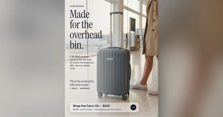 Light airport terminal photo, Farhaven ad: 'Made for the overhead bin.' with a slate gray hardside carry-on beside a person in a trench coat and white sneakers, a quote from Ben L. with five stars, and a 'Shop the Carry-On, $245' button. The 1.91:1 version.